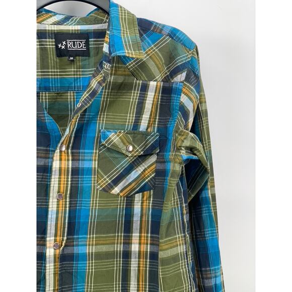 XXX RUDE Men's Green-Blue Plaid Button-Up Long Sleeve Regular-Fit Shirt SZ M - Picture 3 of 10